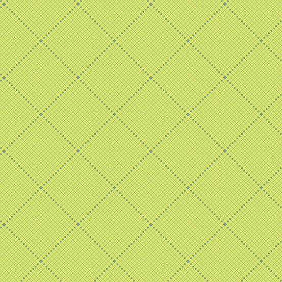 Cotton quilting fabric pattern called 'Gridlock in Celery'. Part of the 'Fabrics from the Attic' fabric collection. Designed by Giucy Giuce for fabric company Andover Fabrics. SKU: A-9984-G. 44-45 inch width.