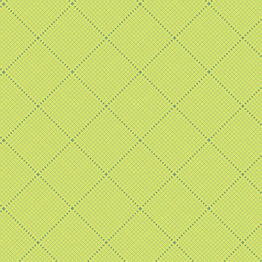 Cotton quilting fabric pattern called 'Gridlock in Celery'. Part of the 'Fabrics from the Attic' fabric collection. Designed by Giucy Giuce for fabric company Andover Fabrics. SKU: A-9984-G. 44-45 inch width.