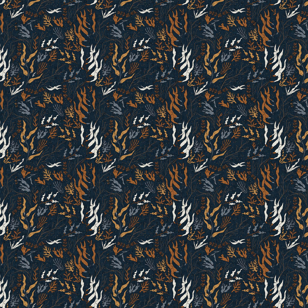 Cotton quilting fabric pattern called 'Sea Weed in Navy'. Part of the 'Calm Waters' fabric collection. Designed by Bernadett Urbanovics for fabric company Figo Fabrics. SKU: 90614-49. 44-45 inch width.