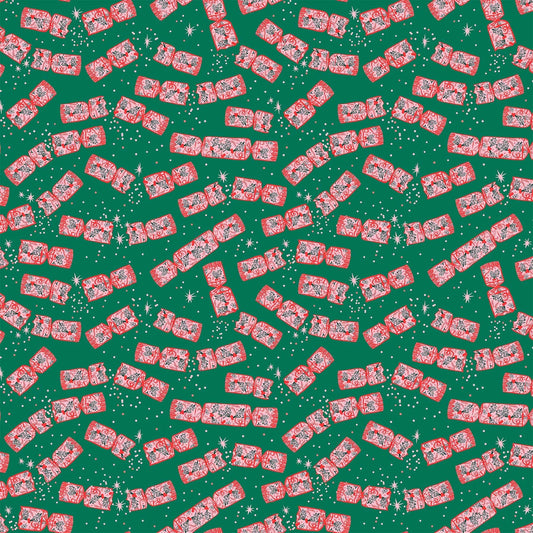 Cotton quilting fabric pattern called 'Crackers in Green'. Part of the 'Merry Kitchmas' fabric collection. Designed by Louise Pretzel for fabric company Figo Fabrics. SKU: 90667-77. 44-45 inch width.