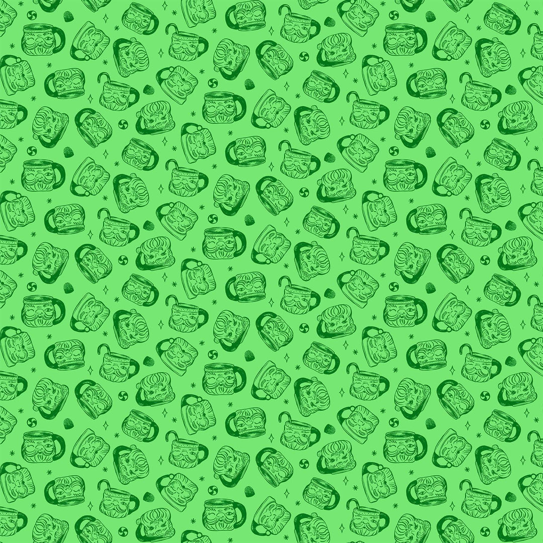 Cotton quilting fabric pattern called 'Santa Mugs in Green'. Part of the 'Merry Kitchmas' fabric collection. Designed by Louise Pretzel for fabric company Figo Fabrics. SKU: 90668-70. 44-45 inch width.