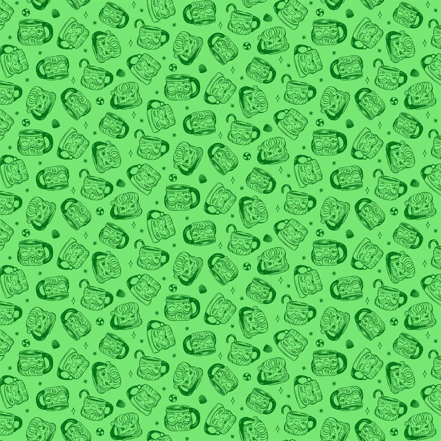 Cotton quilting fabric pattern called 'Santa Mugs in Green'. Part of the 'Merry Kitchmas' fabric collection. Designed by Louise Pretzel for fabric company Figo Fabrics. SKU: 90668-70. 44-45 inch width.