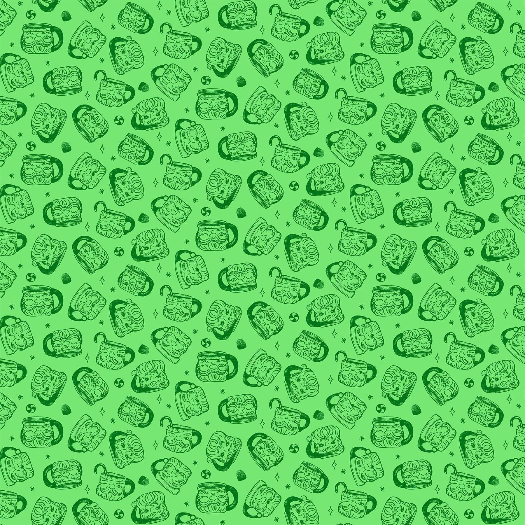 Cotton quilting fabric pattern called 'Santa Mugs in Green'. Part of the 'Merry Kitchmas' fabric collection. Designed by Louise Pretzel for fabric company Figo Fabrics. SKU: 90668-70. 44-45 inch width.