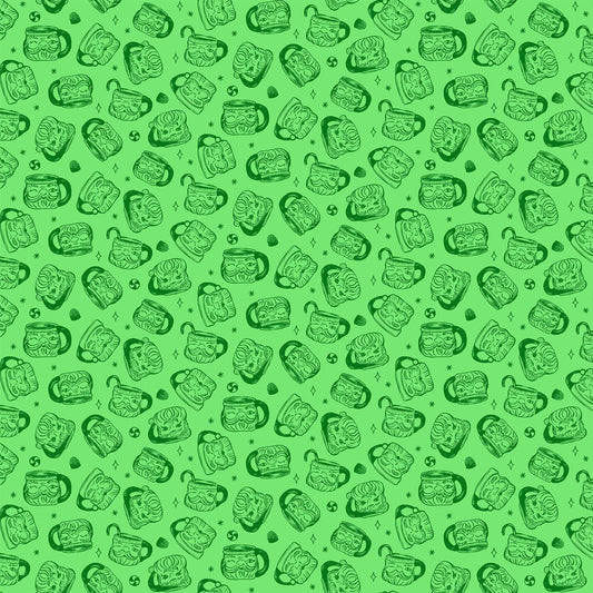 Cotton quilting fabric pattern called 'Santa Mugs in Green'. Part of the 'Merry Kitchmas' fabric collection. Designed by Louise Pretzel for fabric company Figo Fabrics. SKU: 90668-70. 44-45 inch width.
