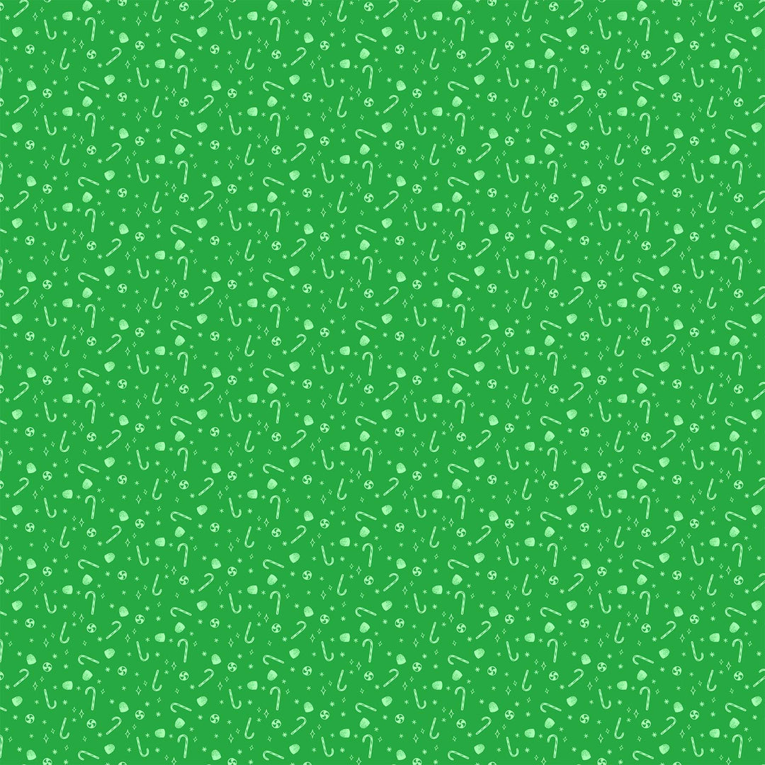 Cotton quilting fabric pattern called 'Candies in Green'. Part of the 'Merry Kitchmas' fabric collection. Designed by Louise Pretzel for fabric company Figo Fabrics. SKU: 90671-71. 44-45 inch width.