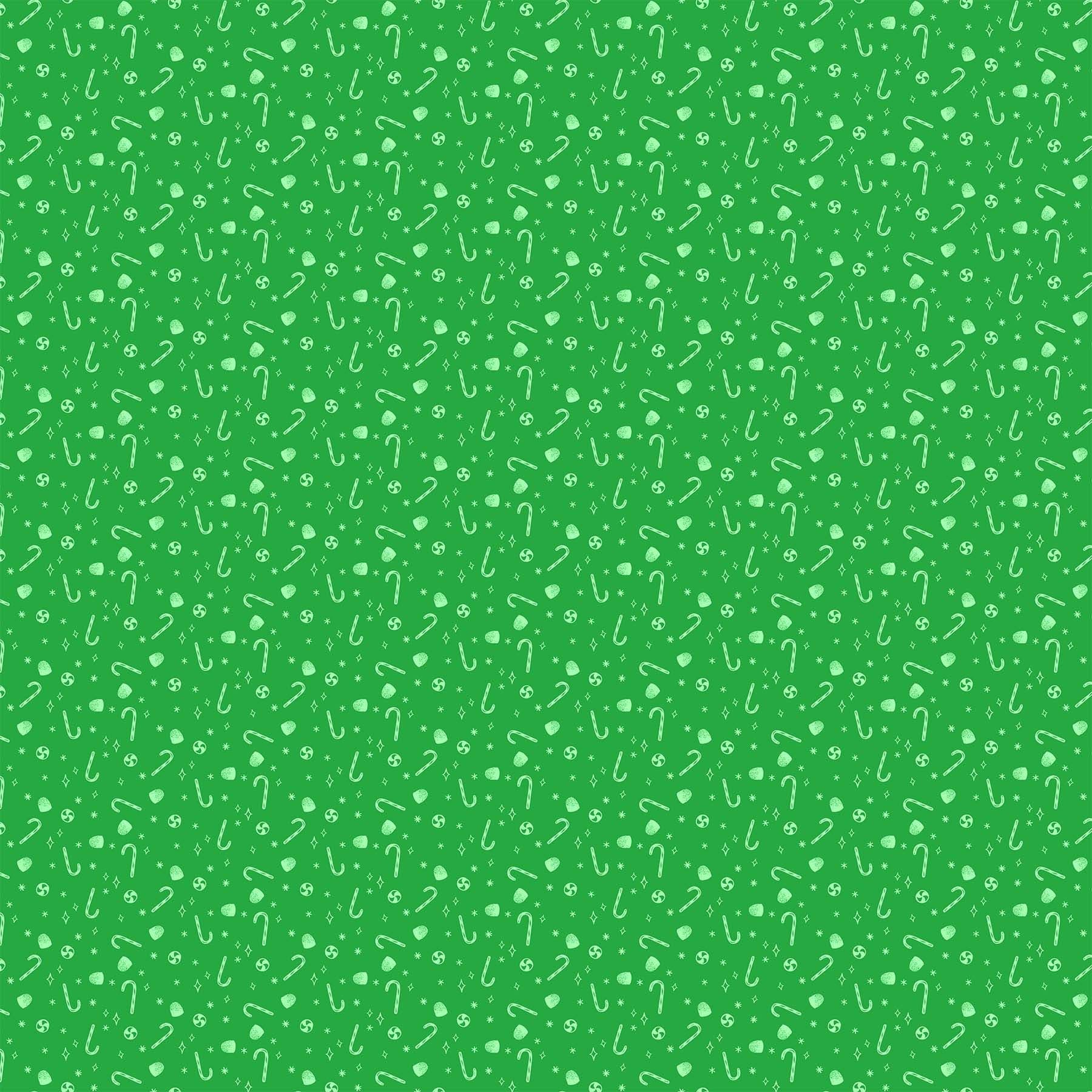 Cotton quilting fabric pattern called 'Candies in Green'. Part of the 'Merry Kitchmas' fabric collection. Designed by Louise Pretzel for fabric company Figo Fabrics. SKU: 90671-71. 44-45 inch width.