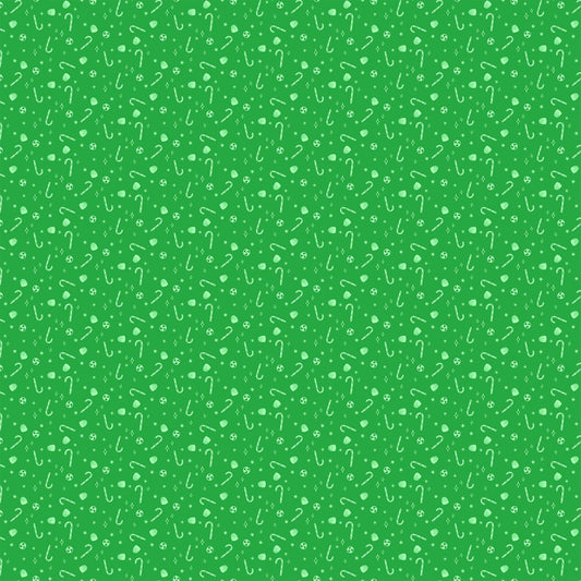 Cotton quilting fabric pattern called 'Candies in Green'. Part of the 'Merry Kitchmas' fabric collection. Designed by Louise Pretzel for fabric company Figo Fabrics. SKU: 90671-71. 44-45 inch width.