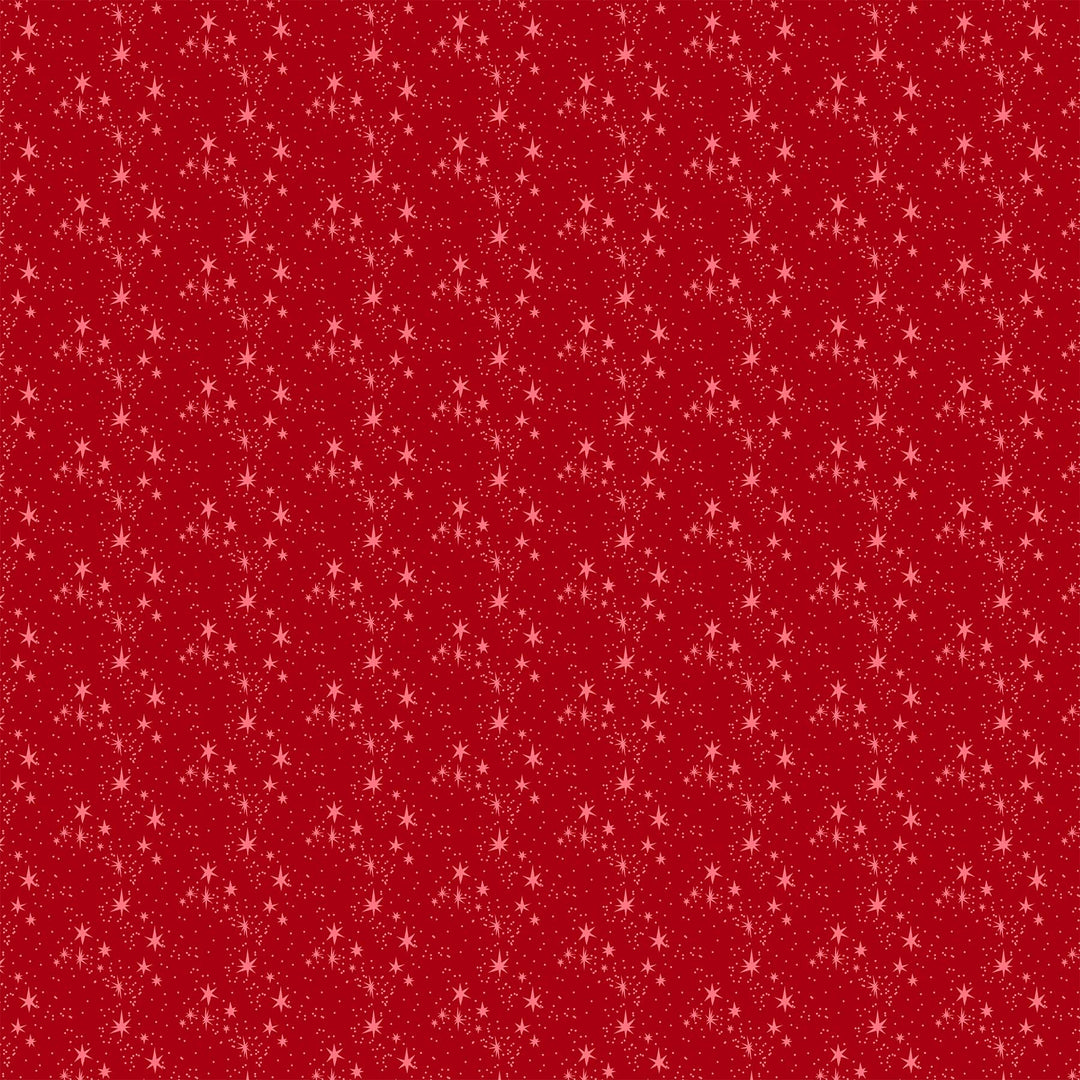Cotton quilting fabric pattern called 'Stars in Red'. Part of the 'Merry Kitchmas' fabric collection. Designed by Louise Pretzel for fabric company Figo Fabrics. SKU: 90672-26. 44-45 inch width.