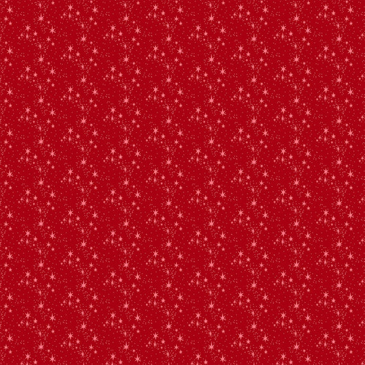 Cotton quilting fabric pattern called 'Stars in Red'. Part of the 'Merry Kitchmas' fabric collection. Designed by Louise Pretzel for fabric company Figo Fabrics. SKU: 90672-26. 44-45 inch width.