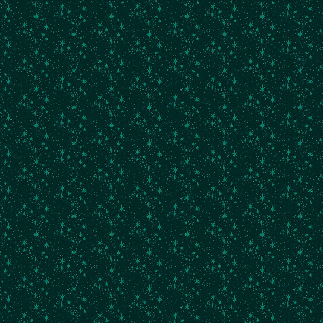 Cotton quilting fabric pattern called 'Stars in Green'. Part of the 'Merry Kitchmas' fabric collection. Designed by Louise Pretzel for fabric company Figo Fabrics. SKU: 90672-79. 44-45 inch width.