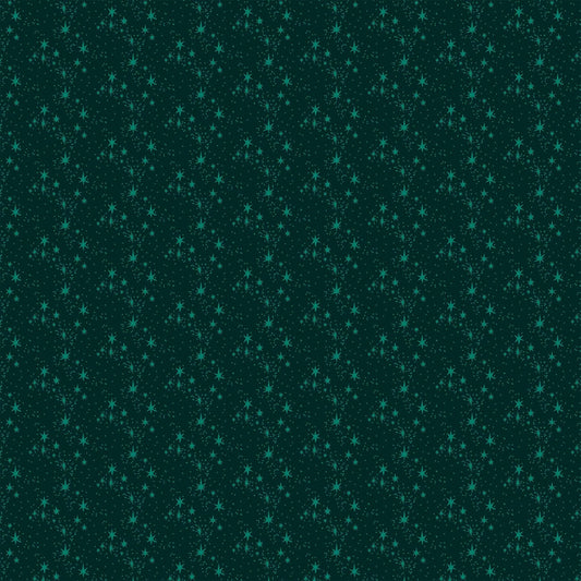 Cotton quilting fabric pattern called 'Stars in Green'. Part of the 'Merry Kitchmas' fabric collection. Designed by Louise Pretzel for fabric company Figo Fabrics. SKU: 90672-79. 44-45 inch width.