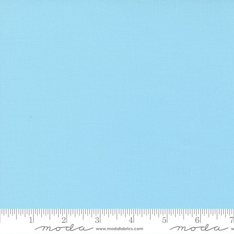 Cotton quilting fabric pattern called 'Tranquil Aqua'. Part of the 'Bella Solids' fabric collection. Designed by Moda Fabrics for fabric company Moda Fabrics. SKU: 9900 186. 44-45 inch width.