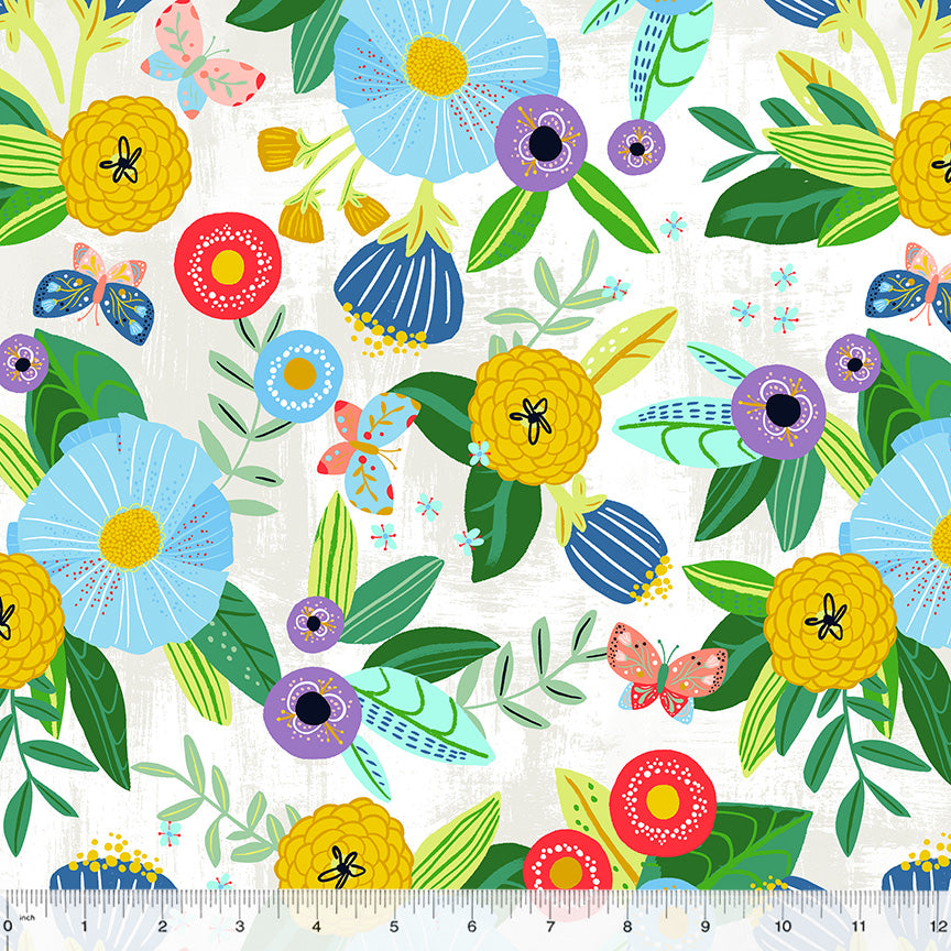 Cotton quilting fabric pattern called 'Blooming Garden in White'. Part of the 'ABC's in Bloom' fabric collection. Designed by Kelly Angelovic for fabric company Windham Fabrics. SKU: 53686-1. 44-45 inch width.