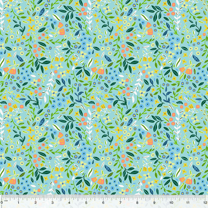 Cotton quilting fabric pattern called 'Blossoming Bunches in Aqua'. Part of the 'ABC's in Bloom' fabric collection. Designed by Kelly Angelovic for fabric company Windham Fabrics. SKU: 53689-7. 44-45 inch width.