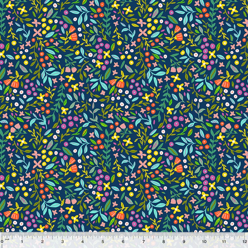 Cotton quilting fabric pattern called 'Blossoming Bunches in Navy'. Part of the 'ABC's in Bloom' fabric collection. Designed by Kelly Angelovic for fabric company Windham Fabrics. SKU: 53689-2. 44-45 inch width.