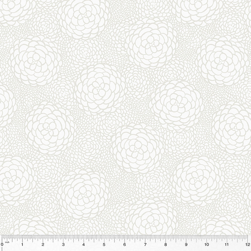 Cotton quilting fabric pattern called 'In Bloom in White'. Part of the 'ABC's in Bloom' fabric collection. Designed by Kelly Angelovic for fabric company Windham Fabrics. SKU: 53691-1. 44-45 inch width.