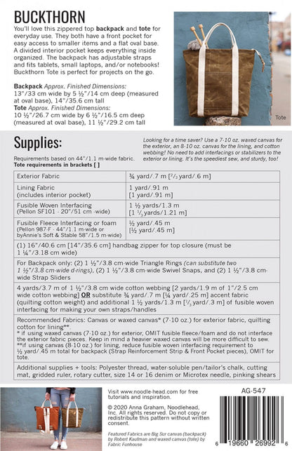 Buckthorn Backpack and Tote - Paper Pattern - Noodlehead - AG-547