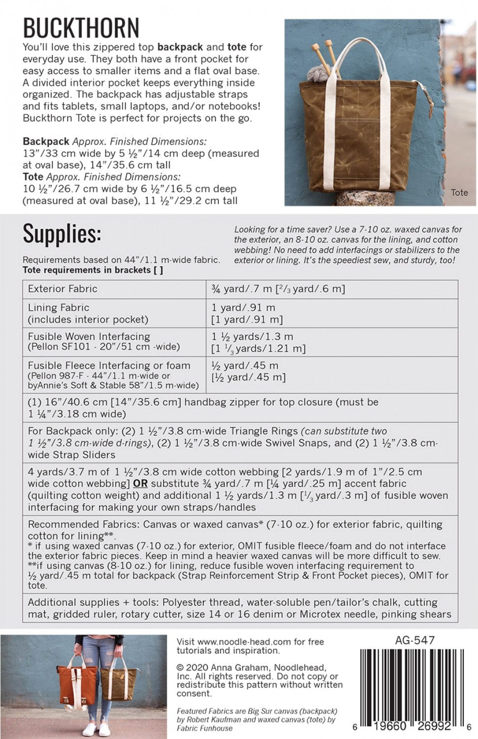 Buckthorn Backpack and Tote Paper Pattern Noodlehead AG-547