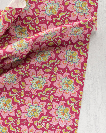 Cotton quilting fabric pattern called 'Flowermarket in Plum'. Part of the 'Bloomsville' fabric collection. Designed by Tilda Fabrics for fabric company Tilda Fabrics. SKU: 100502. 44-45 inch width.