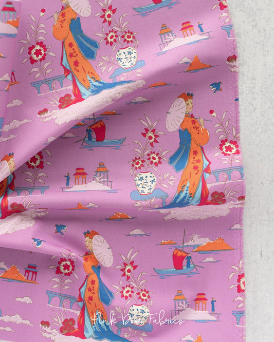 Cotton quilting fabric pattern called 'Garden Vista in Iris'. Part of the 'Bloomsville' fabric collection. Designed by Tilda Fabrics for fabric company Tilda Fabrics. SKU: 100504. 44-45 inch width.