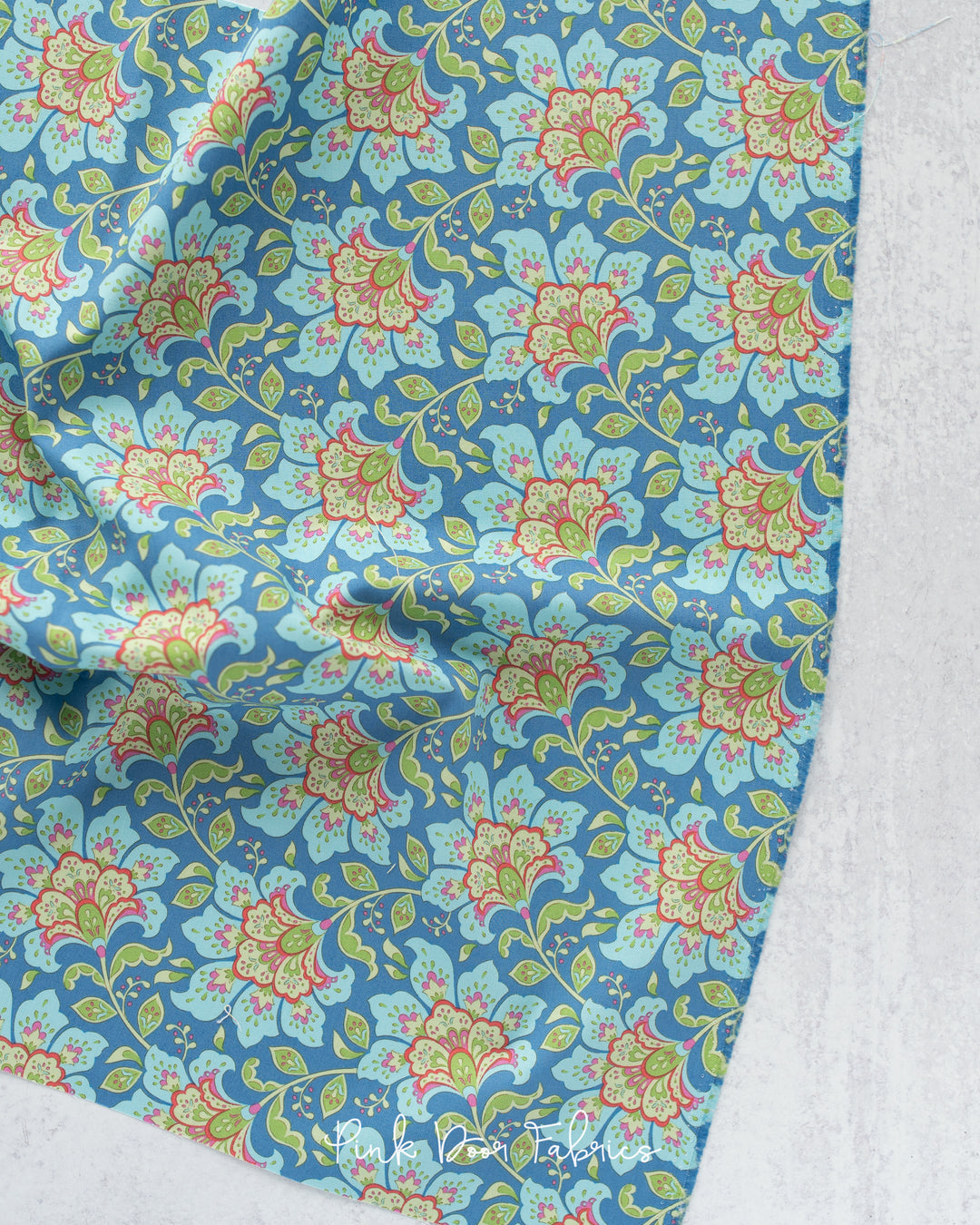 Cotton quilting fabric pattern called 'Flowermarket in Blueberry'. Part of the 'Bloomsville' fabric collection. Designed by Tilda Fabrics for fabric company Tilda Fabrics. SKU: 100506. 44-45 inch width.