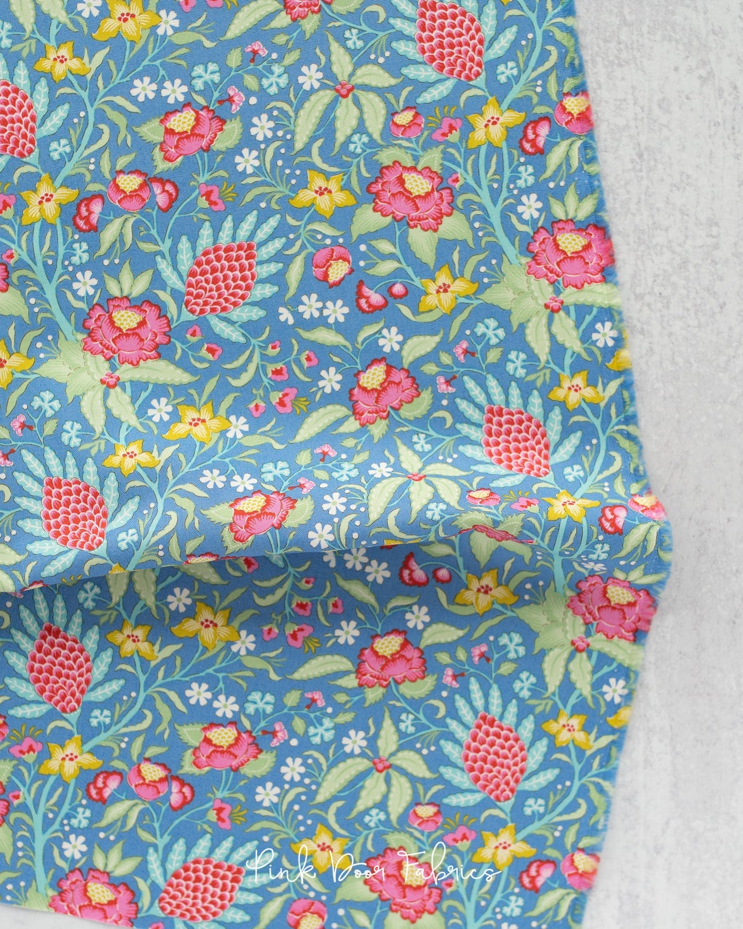 Cotton quilting fabric pattern called 'Flowertangle in Blue'. Part of the 'Bloomsville' fabric collection. Designed by Tilda Fabrics for fabric company Tilda Fabrics. SKU: 100509. 44-45 inch width.