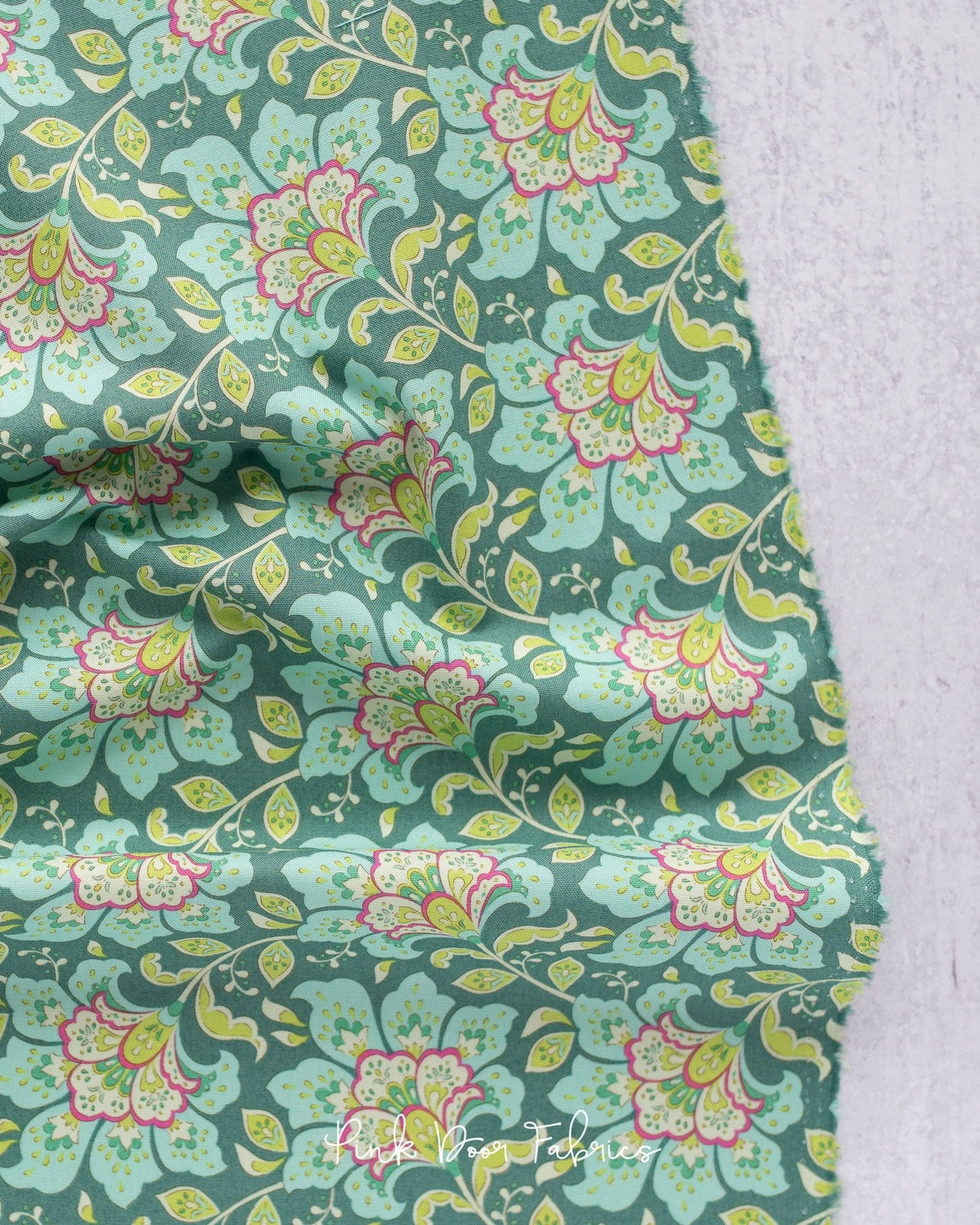 Cotton quilting fabric pattern called 'Flowermarket in Pine'. Part of the 'Bloomsville' fabric collection. Designed by Tilda Fabrics for fabric company Tilda Fabrics. SKU: 100514. 44-45 inch width.
