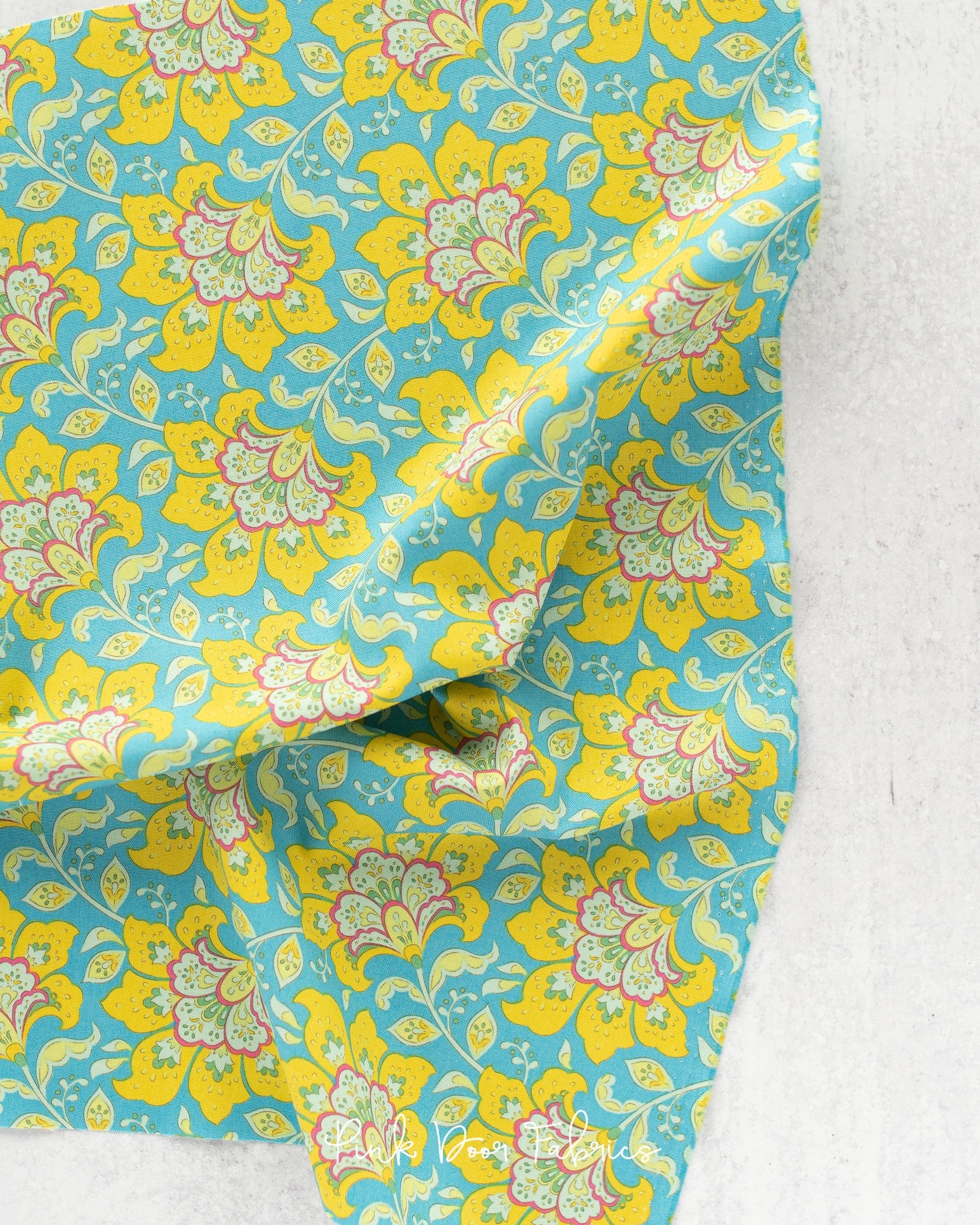 Cotton quilting fabric pattern called 'Flowermarket in Sky'. Part of the 'Bloomsville' fabric collection. Designed by Tilda Fabrics for fabric company Tilda Fabrics. SKU: 100517. 44-45 inch width.