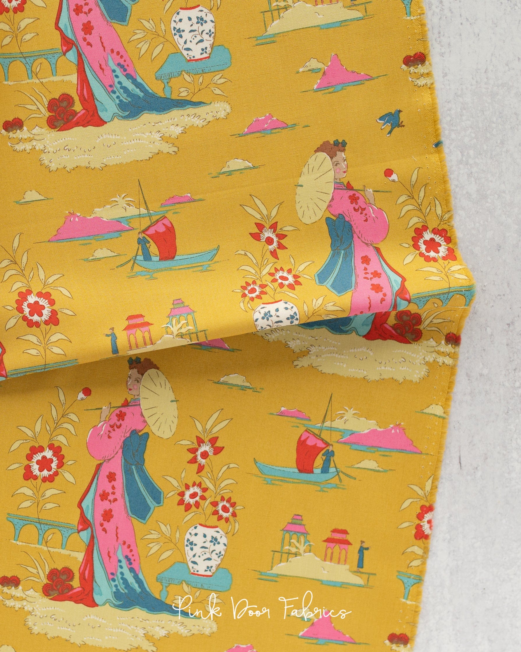 Cotton quilting fabric pattern called 'Garden Vista in Light Corn'. Part of the 'Bloomsville' fabric collection. Designed by Tilda Fabrics for fabric company Tilda Fabrics. SKU: 100518. 44-45 inch width.