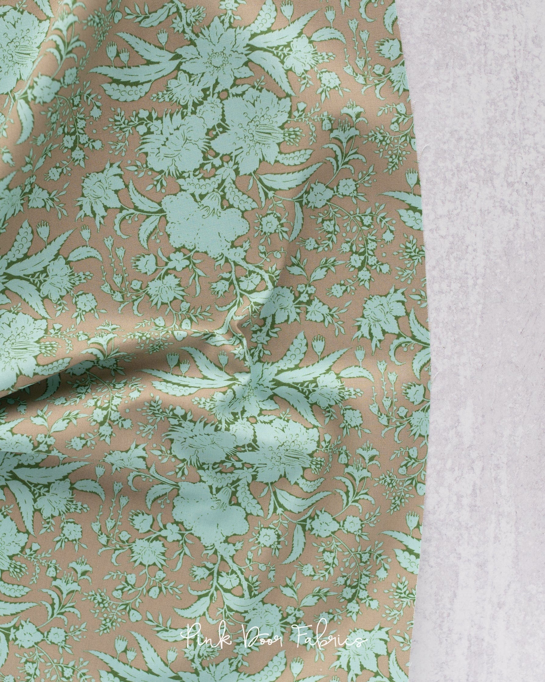 Cotton quilting fabric pattern called 'Abloom in Mushroom'. Part of the 'Bloomsville' fabric collection. Designed by Tilda Fabrics for fabric company Tilda Fabrics. SKU: 110083. 44-45 inch width.