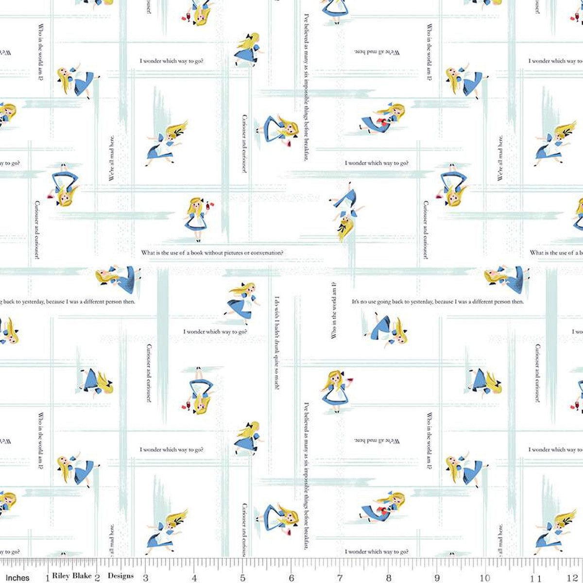 Cotton quilting fabric pattern called 'Alice Toss in White'. Part of the 'Down the Rabbit Hole' fabric collection. Designed by Jill Howarth for fabric company Riley Blake Fabrics. SKU: C12946-WHITE. 44-45 inch width.