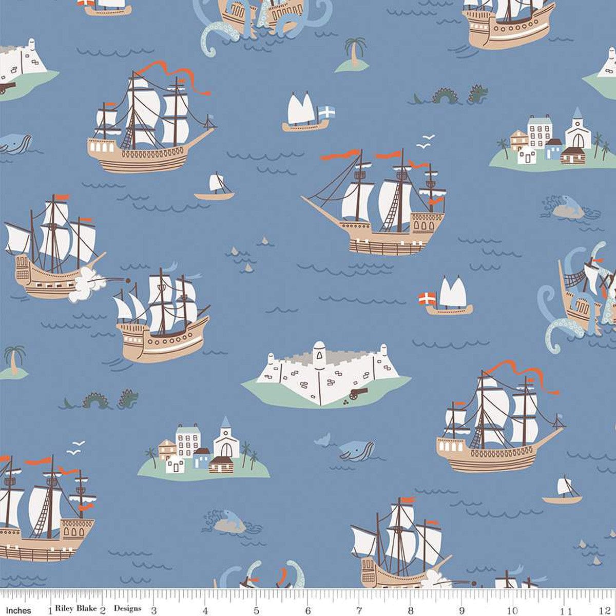 Cotton quilting fabric pattern called 'Main in Stone'. Part of the 'Hoist the Sails' fabric collection. Designed by Citrus and Mint Designs for fabric company Riley Blake Designs. SKU: C12980-STONE. 44-45 inch width.