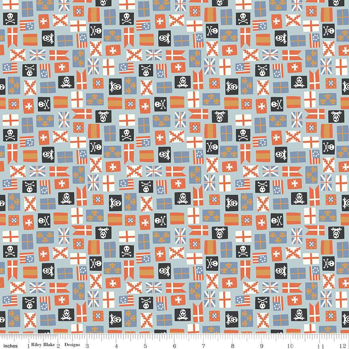 Cotton quilting fabric pattern called 'Flags in Mist'. Part of the 'Hoist the Sails' fabric collection. Designed by Citrus and Mint Designs for fabric company Riley Blake Designs. SKU: C12986-MIST. 44-45 inch width.