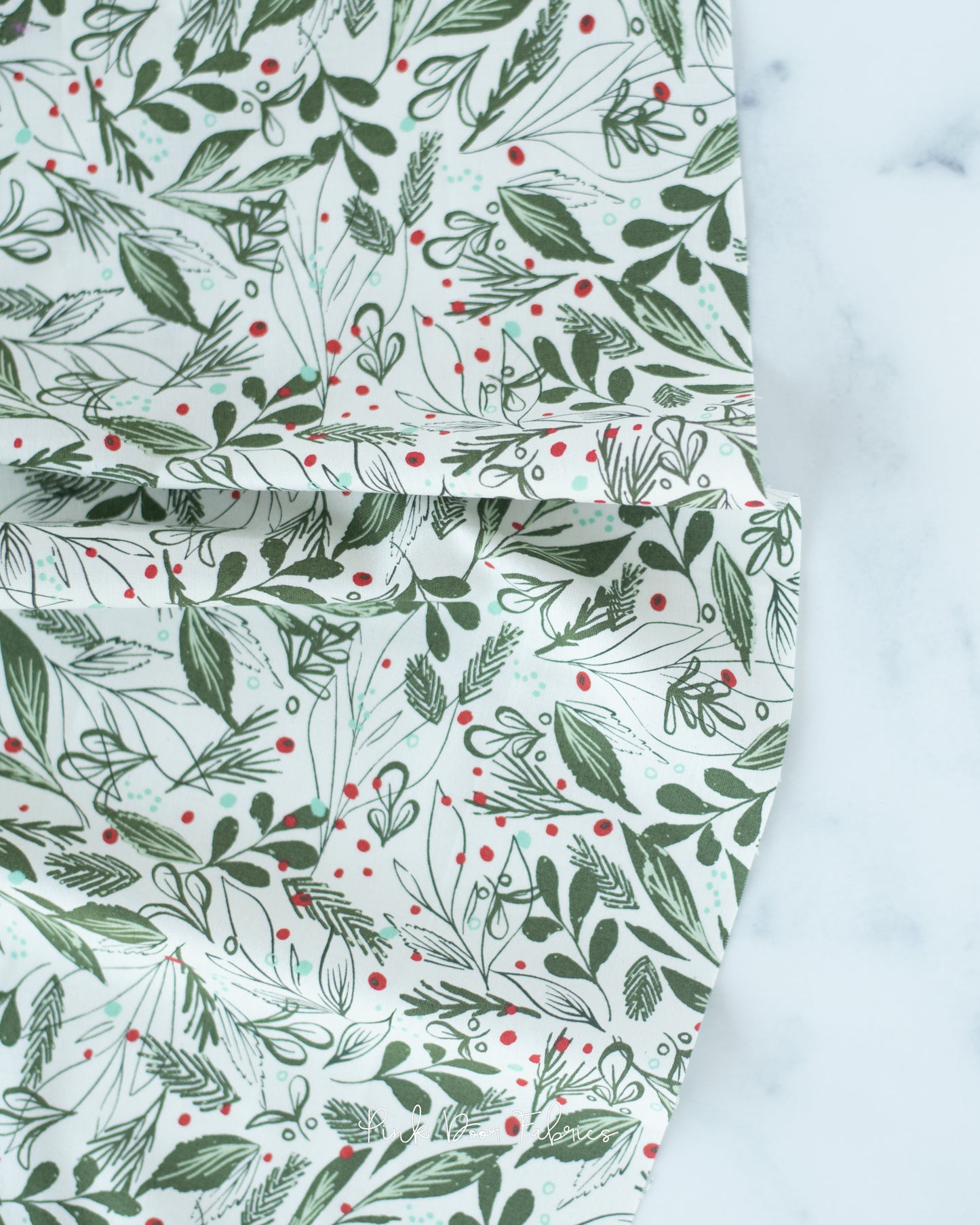 Cotton quilting fabric pattern called 'Winter Foliage in Natural'. Part of the 'Cheer & Merriment' fabric collection. Designed by Fancy That Design House for fabric company Moda Fabrics. SKU: 45534 11. 44-45 inch width.