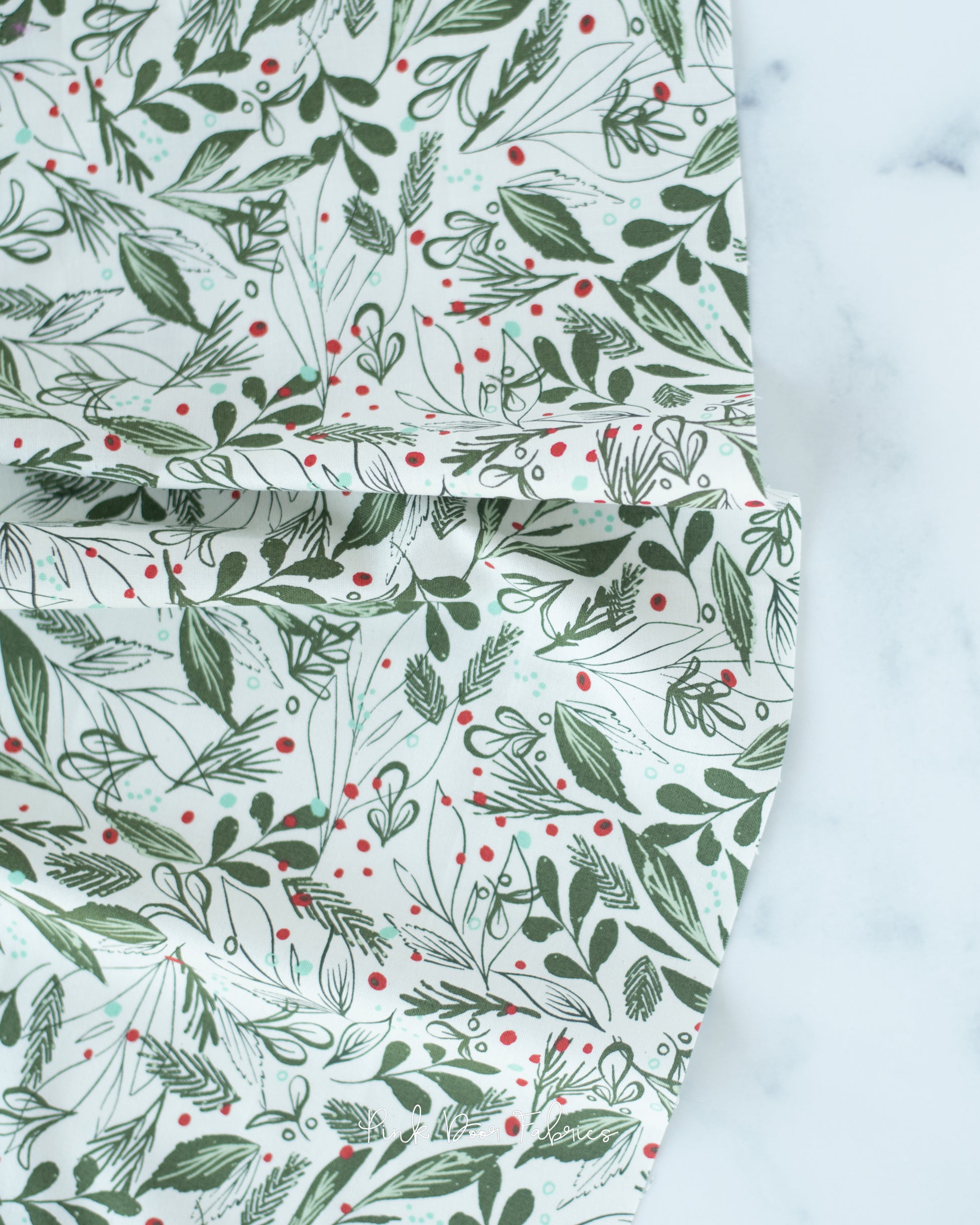 Cotton quilting fabric pattern called 'Winter Foliage in Natural'. Part of the 'Cheer & Merriment' fabric collection. Designed by Fancy That Design House for fabric company Moda Fabrics. SKU: 45534 11. 44-45 inch width.