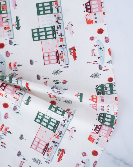 Cotton quilting fabric pattern called 'Joyful Boulevard in Day'. Part of the 'Christmas in the City' fabric collection. Designed by AGF Studio for fabric company Art Gallery Fabrics. SKU: CHC25800. 44-45 inch width.