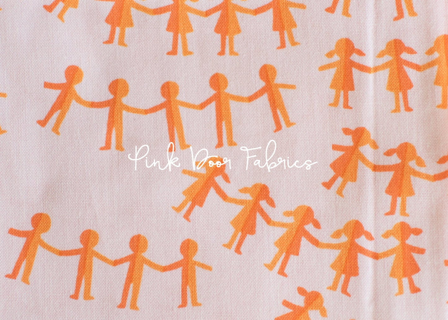 Cotton quilting fabric pattern called 'Paper Dolls in Pink Orange'. Part of the 'Kinder' fabric collection. Designed by Heather Ross for fabric company Windham Fabrics. SKU: 43485-10. 44-45 inch width.