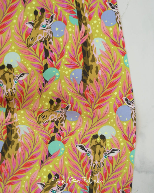 Cotton quilting fabric pattern called 'Neck for Days in Moonbeam'. Part of the 'Everglow' fabric collection. Designed by Tula Pink for fabric company Free Spirit Fabrics. SKU: PWTP203.MOONBEAM. 44-45 inch width.
