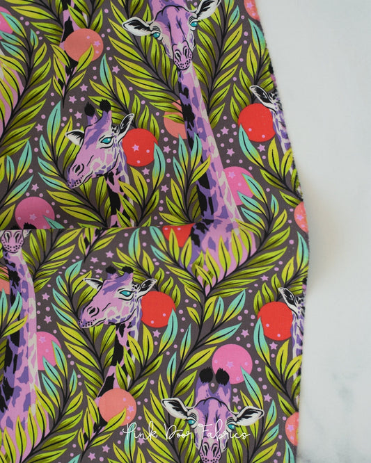 Cotton quilting fabric pattern called 'Neck for Days in Mystic'. Part of the 'Everglow' fabric collection. Designed by Tula Pink for fabric company Free Spirit Fabrics. SKU: PWTP203.MYSTIC. 44-45 inch width.