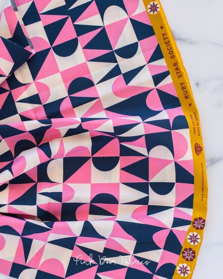 Cotton quilting fabric pattern called 'Building Blocks in Navy'. Part of the 'Floradora' fabric collection. Designed by Jen Hewett for fabric company Moda Fabrics. SKU: RS6024-12. 44-45 inch width.