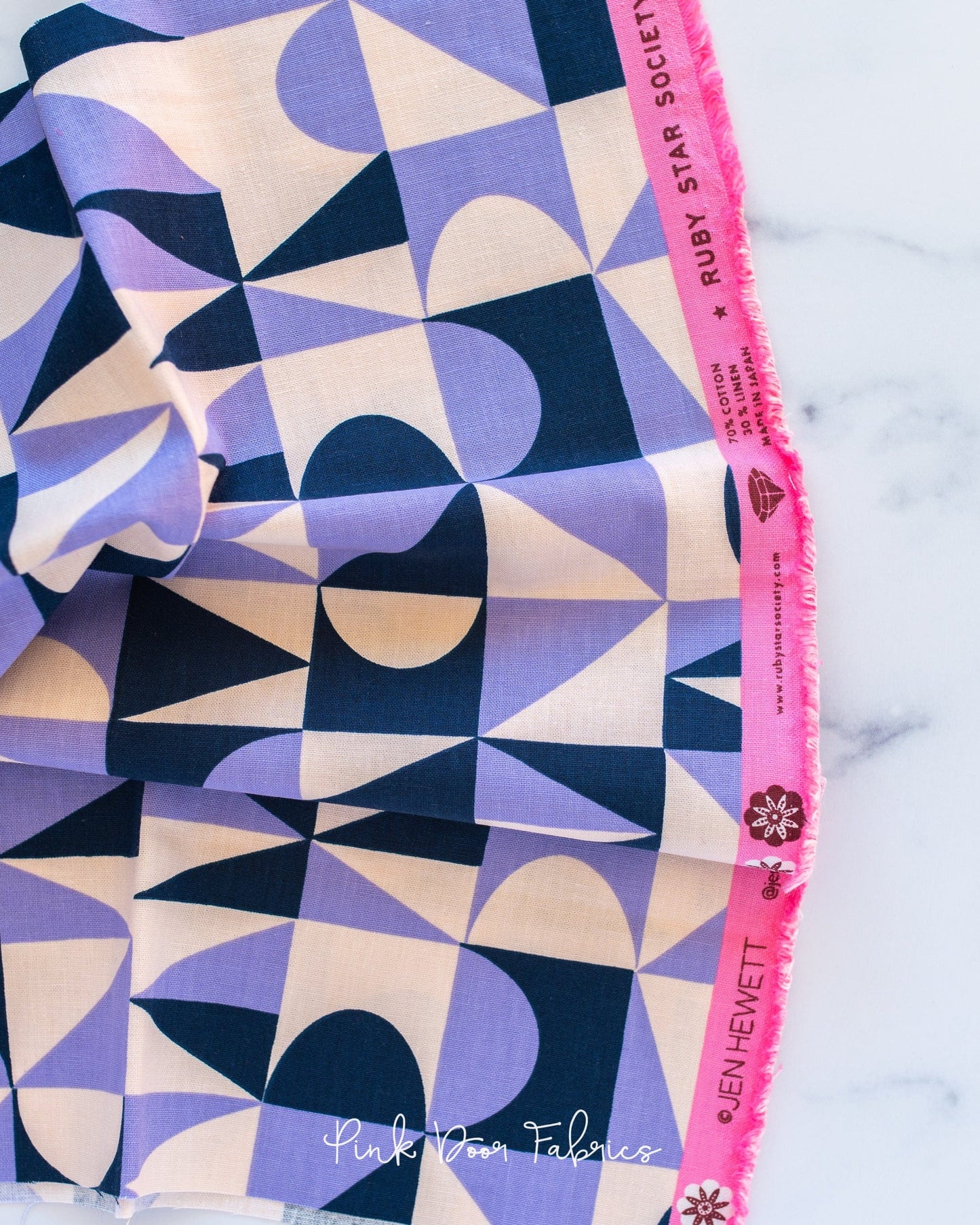 Linen quilting fabric pattern called 'Building Blocks in Navy Cotton Linen'. Part of the 'Floradora' fabric collection. Designed by Jen Hewett for the Moda Fabrics fabric company. SKU: RS6030-14L. 44-45 inch width.