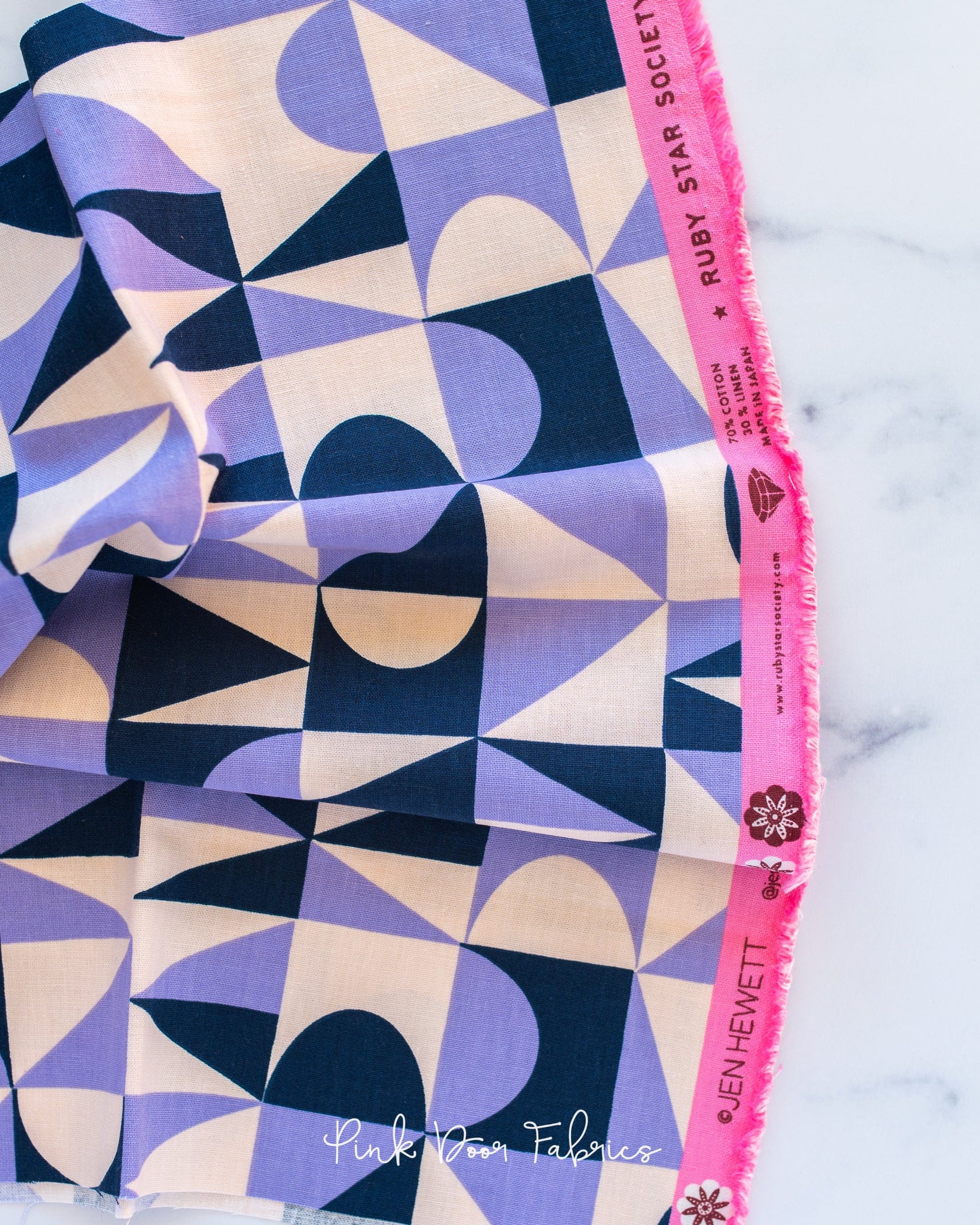 Linen quilting fabric pattern called 'Building Blocks in Navy Cotton Linen'. Part of the 'Floradora' fabric collection. Designed by Jen Hewett for the Moda Fabrics fabric company. SKU: RS6030-14L. 44-45 inch width.