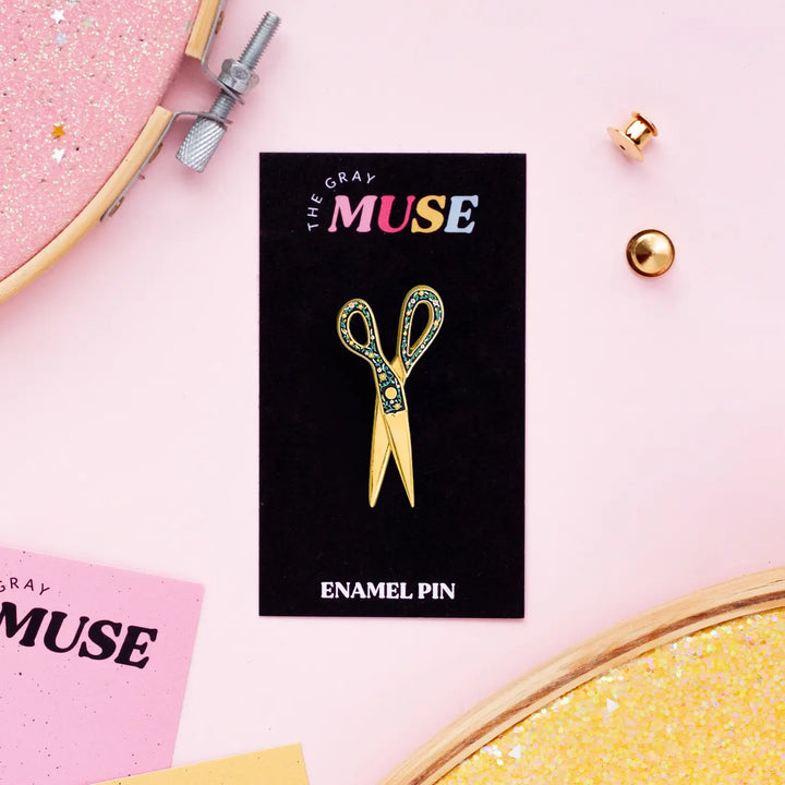 The Gray Muse - Floral Scissors - Interactive Enamel Pin - Gold