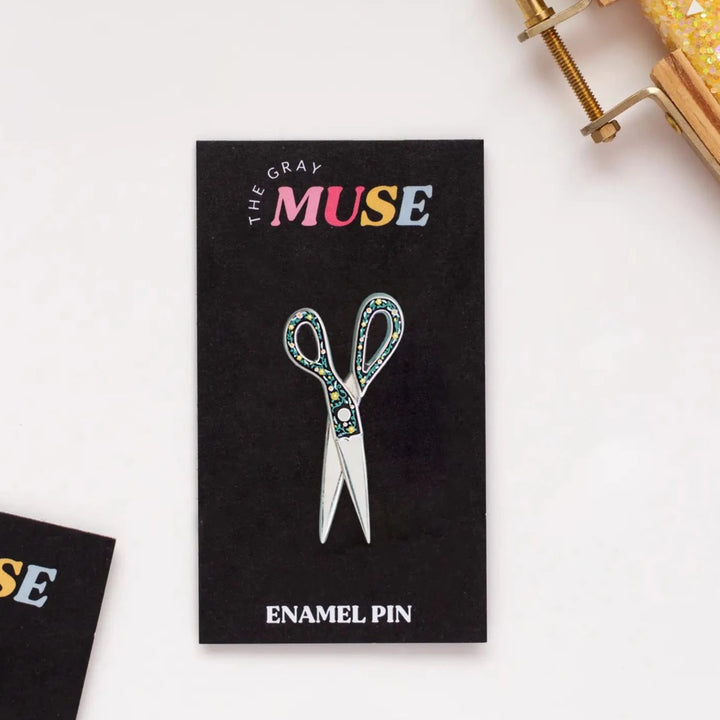 The Gray Muse - Floral Scissors - Interactive Enamel Pin - Silver