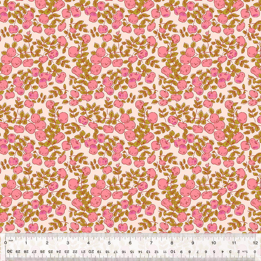 Cotton quilting fabric pattern called 'Apples in Blush'. Part of the 'Forestburgh' fabric collection. Designed by Heather Ross for fabric company Windham Fabrics. SKU: 53849-1. 44-45 inch width.