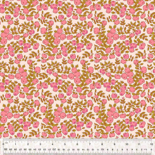 Cotton quilting fabric pattern called 'Apples in Blush'. Part of the 'Forestburgh' fabric collection. Designed by Heather Ross for fabric company Windham Fabrics. SKU: 53849-1. 44-45 inch width.