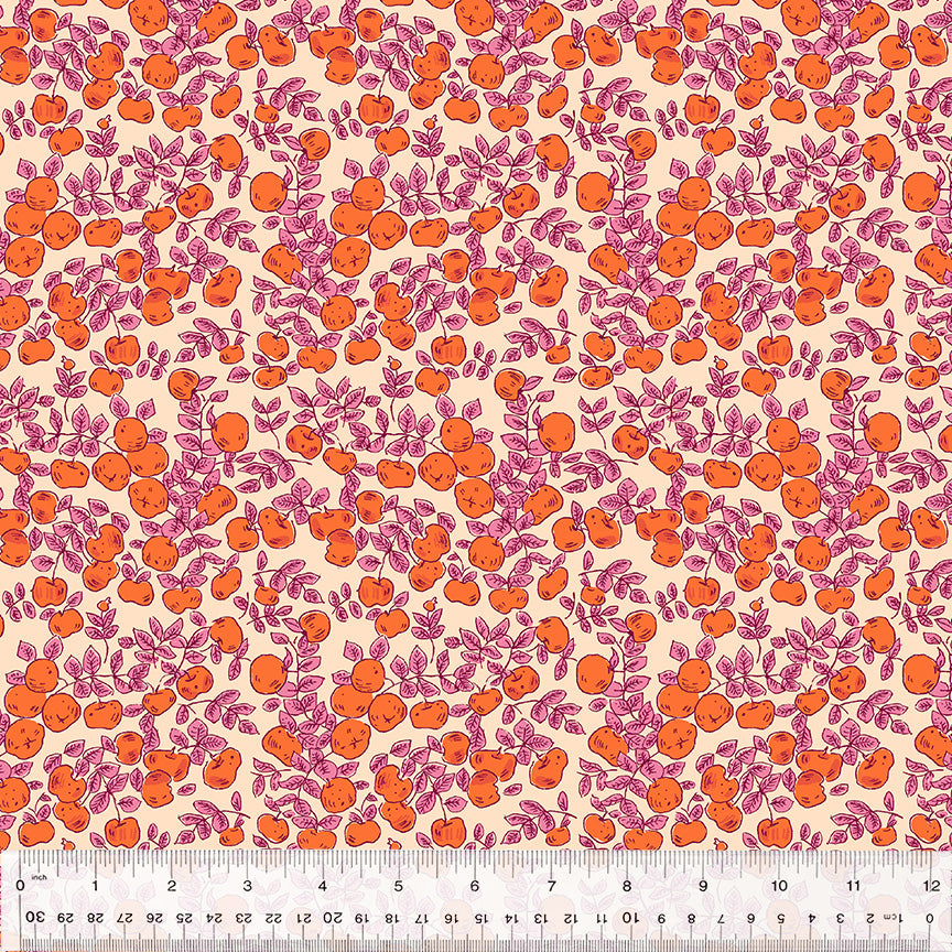 Cotton quilting fabric pattern called 'Apples in Magenta'. Part of the 'Forestburgh' fabric collection. Designed by Heather Ross for fabric company Windham Fabrics. SKU: 53849-15. 44-45 inch width.