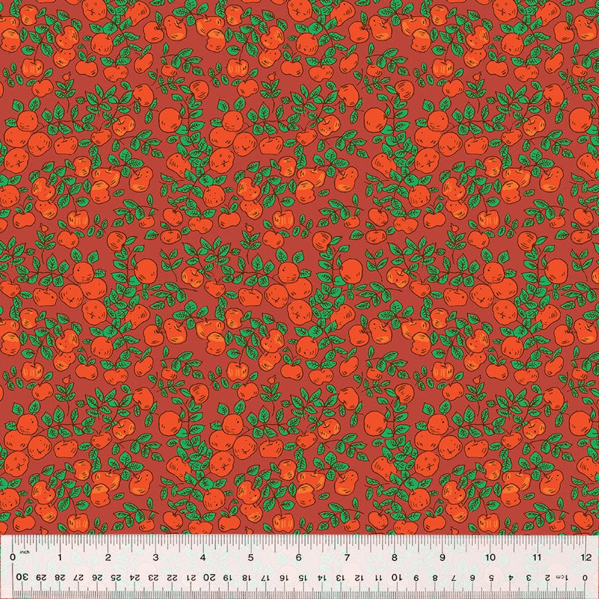 Cotton quilting fabric pattern called 'Apples in Warm Red'. Part of the 'Forestburgh' fabric collection. Designed by Heather Ross for fabric company Windham Fabrics. SKU: 53849-16. 44-45 inch width.