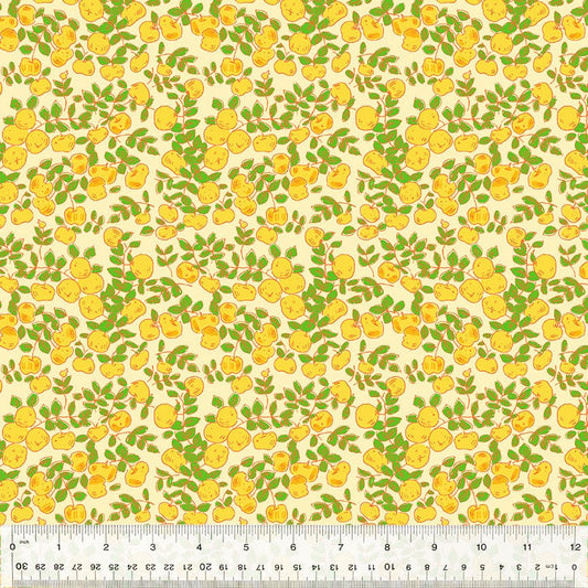 Cotton quilting fabric pattern called 'Apples in Yellow'. Part of the 'Forestburgh' fabric collection. Designed by Heather Ross for fabric company Windham Fabrics. SKU: 53849-17. 44-45 inch width.