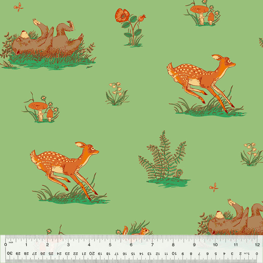 Cotton quilting fabric pattern called 'Beargrass in Sage'. Part of the 'Forestburgh' fabric collection. Designed by Heather Ross for fabric company Windham Fabrics. SKU: 53845-4. 44-45 inch width.